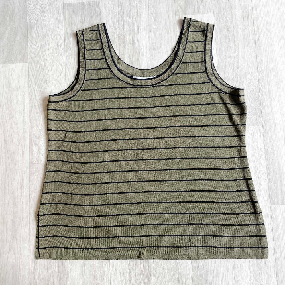Misook Scoopneck Classic Acrylic Knit Tank Top Olive Black Stripe Size XL